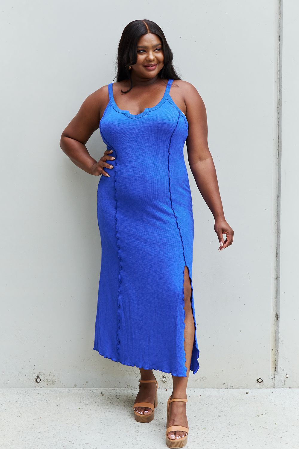 Notch Neck Maxi Dress with Slit in Cobalt Blue