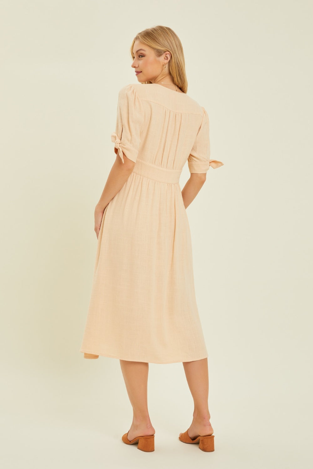 Full Size Textured Linen V-Neck Button-Down Midi Dress