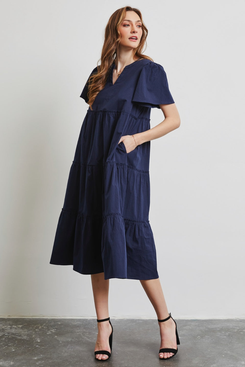 Full Size Cotton Poplin Ruffled Tiered Midi Dress