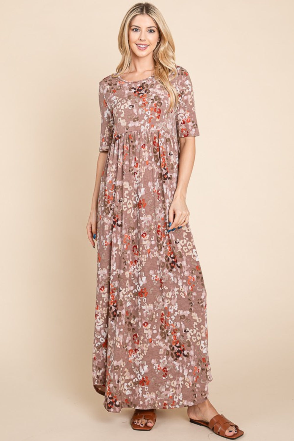 Printed Shirred Maxi Dress Mocha