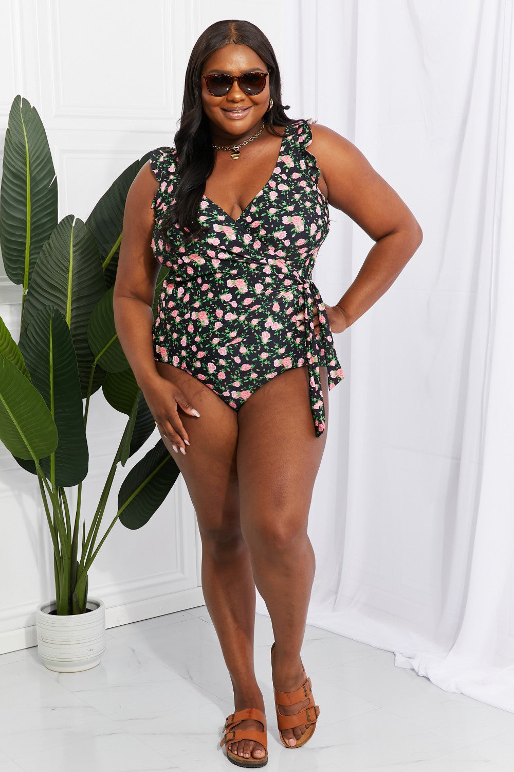 Swim Full Size Float On Ruffle Faux Wrap One-Piece in Floral