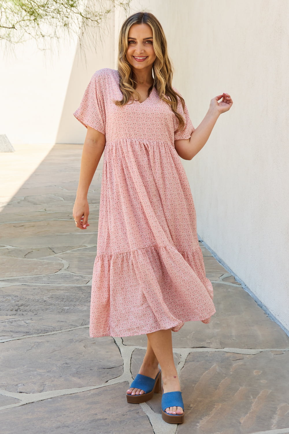 Spring Baby Full Size Kimono Sleeve Midi Dress in Peach