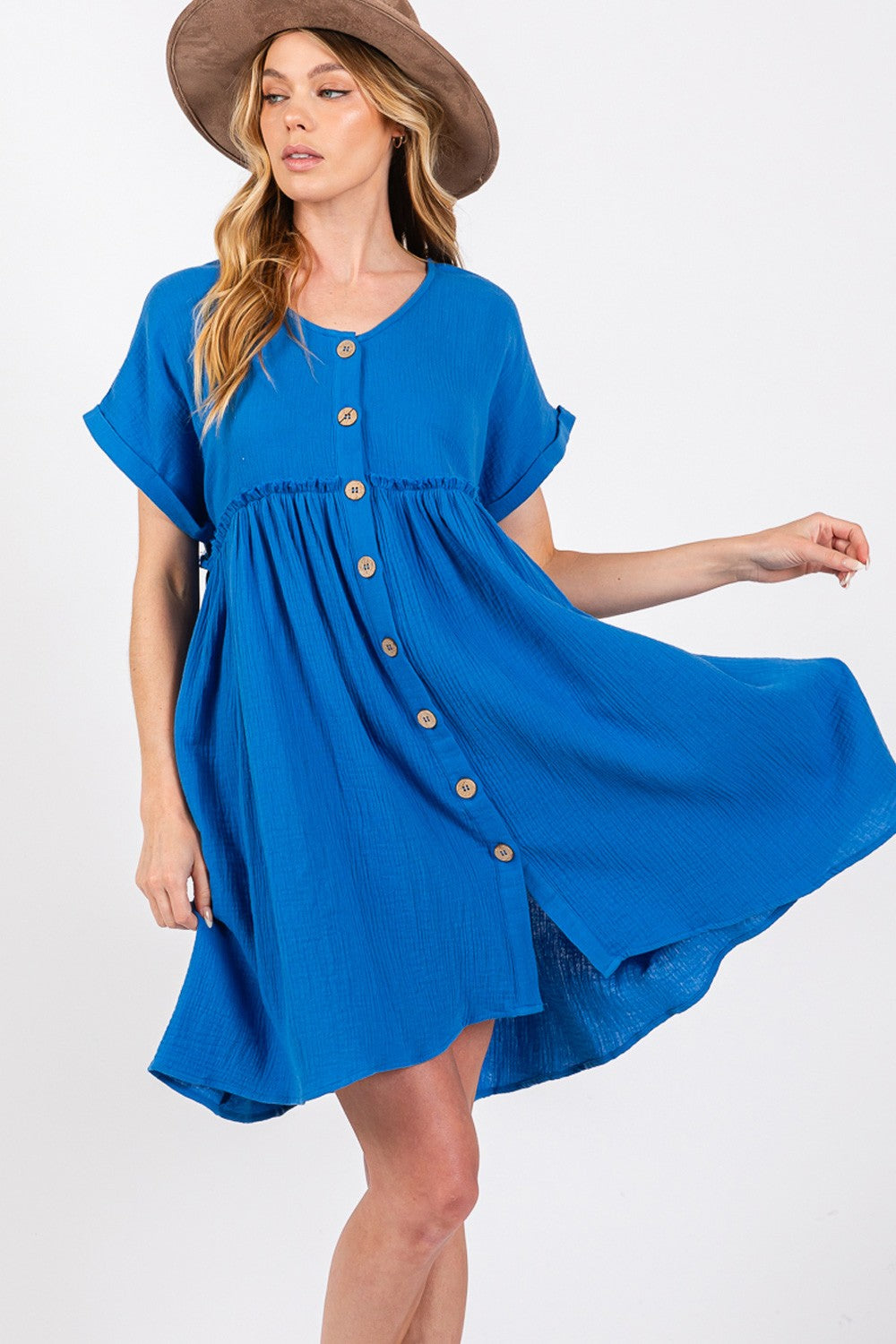 Button Up Short Sleeve Blue Short Dress