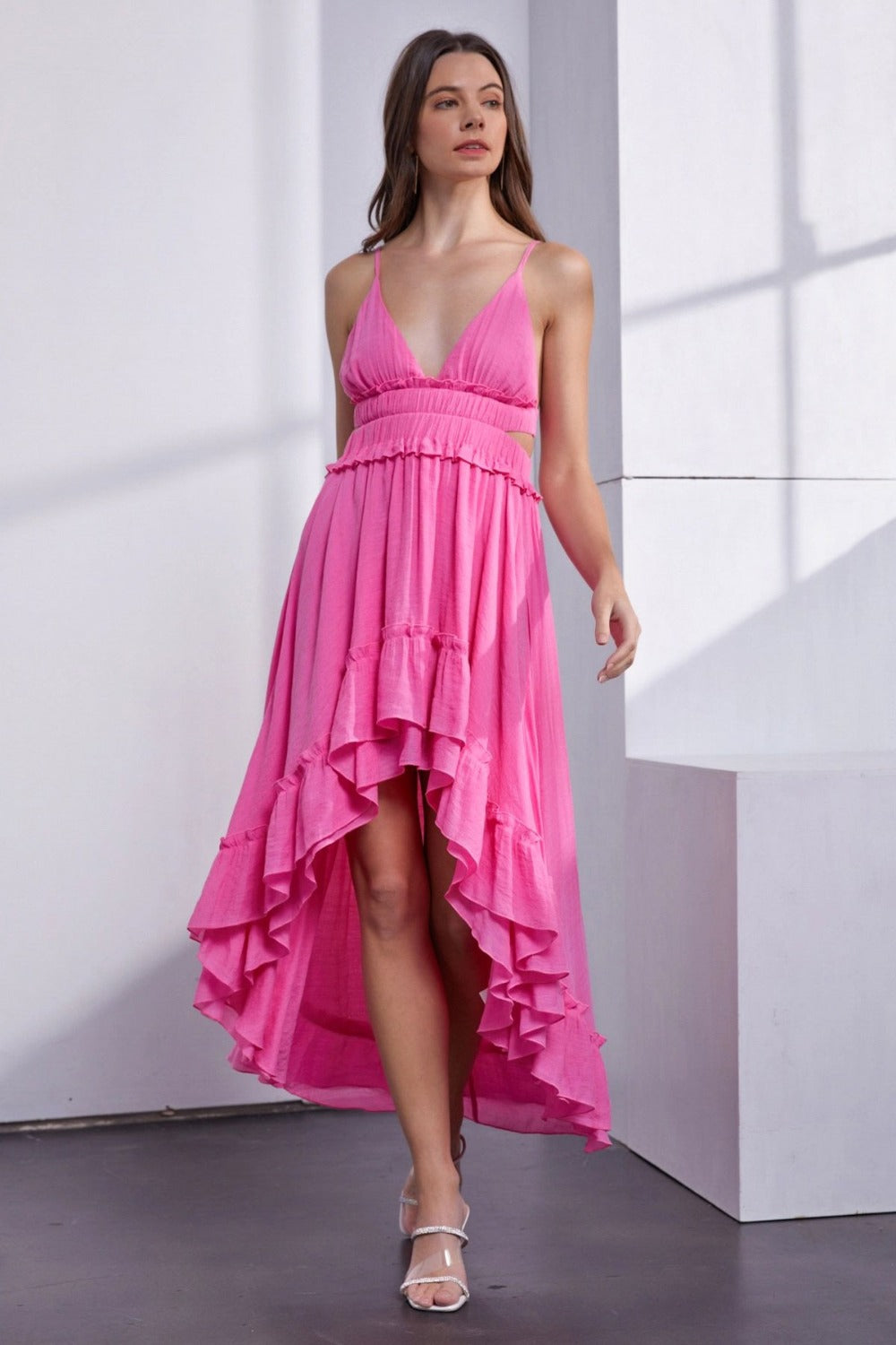 Asymmetric Ruffle Open Back Cutout Cami MIdi Dress