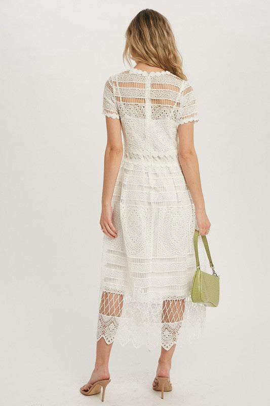 Crochet Dress Hight Neck Short Sleeves, Wedding Guest Dress