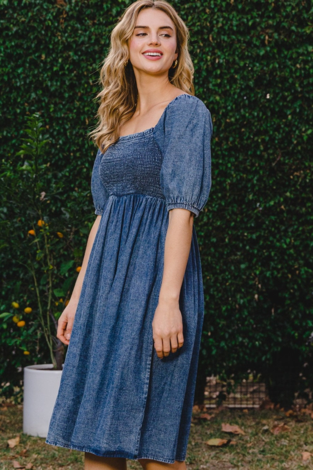 Denim Washed Smocked Puff Sleeve Midi Dress