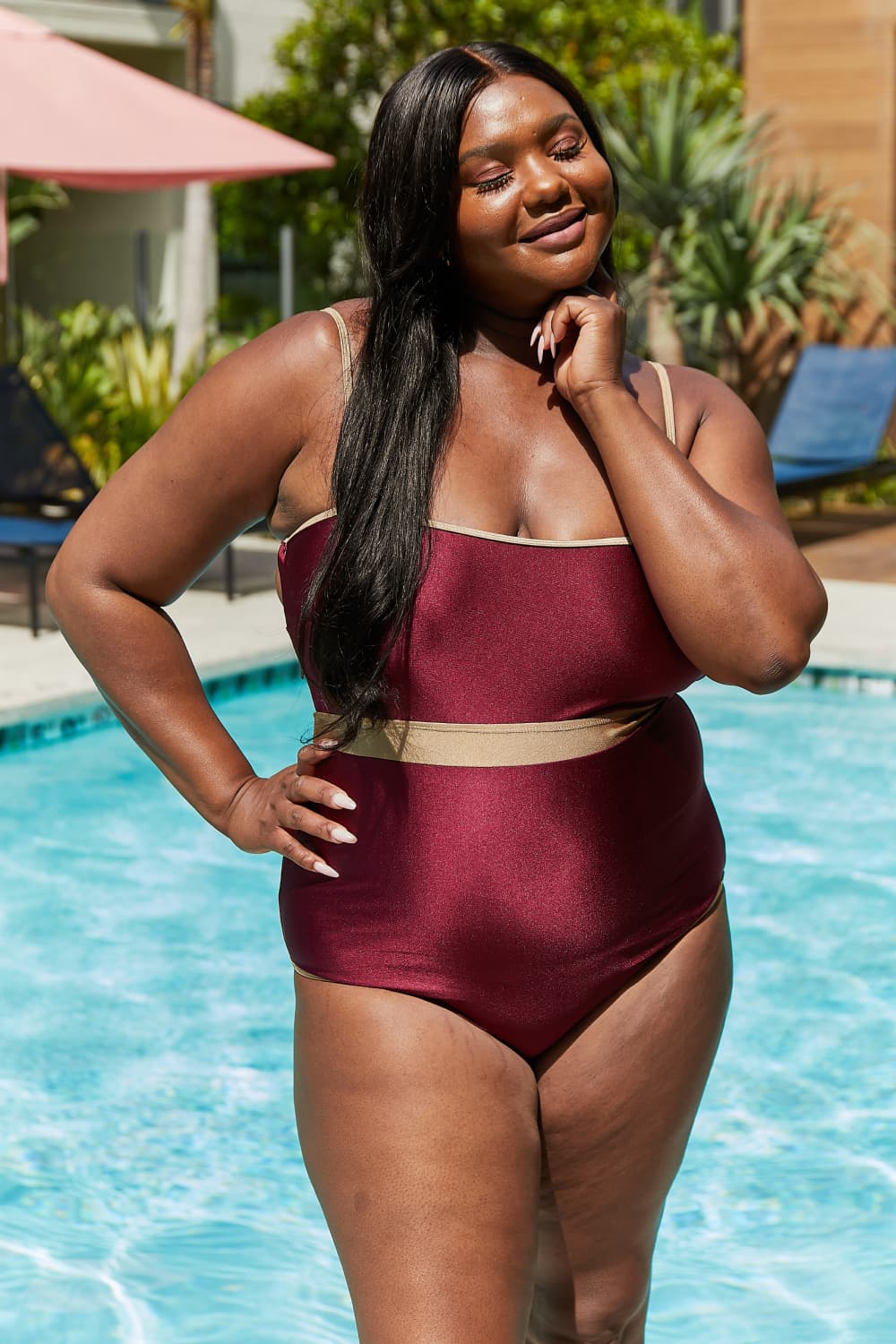 Swim Wave Break Contrast Trim One-Piece in Wine