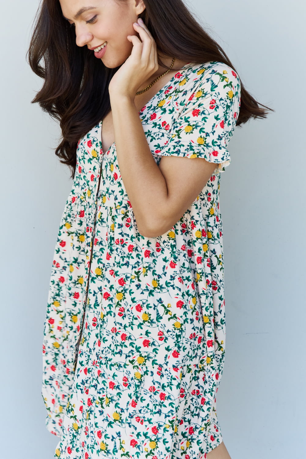 Full Size V-Neck Ruffle Sleeve Floral Short Dress