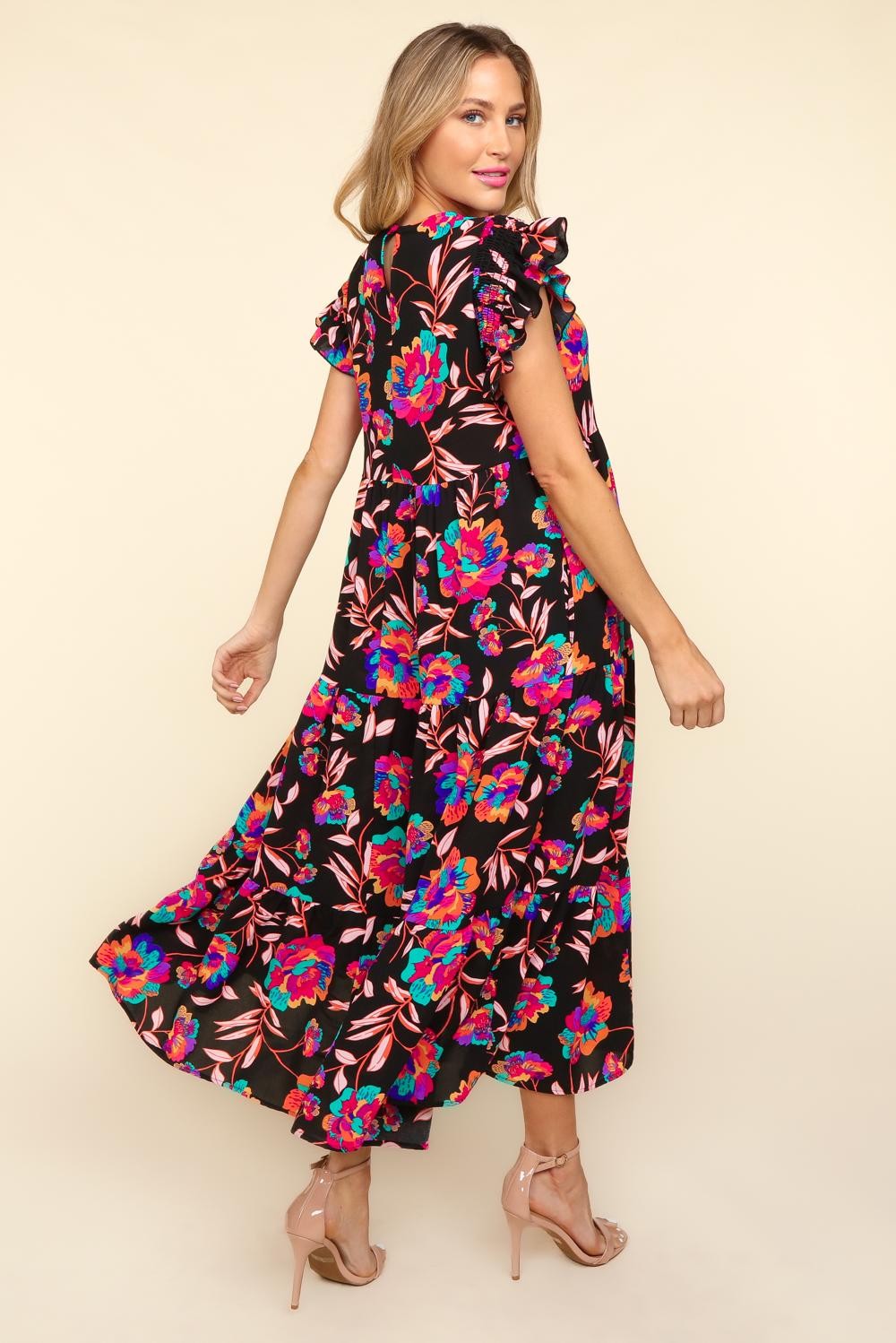 Ruffled Printed Round Neck Cap Sleeve Maxi Dress