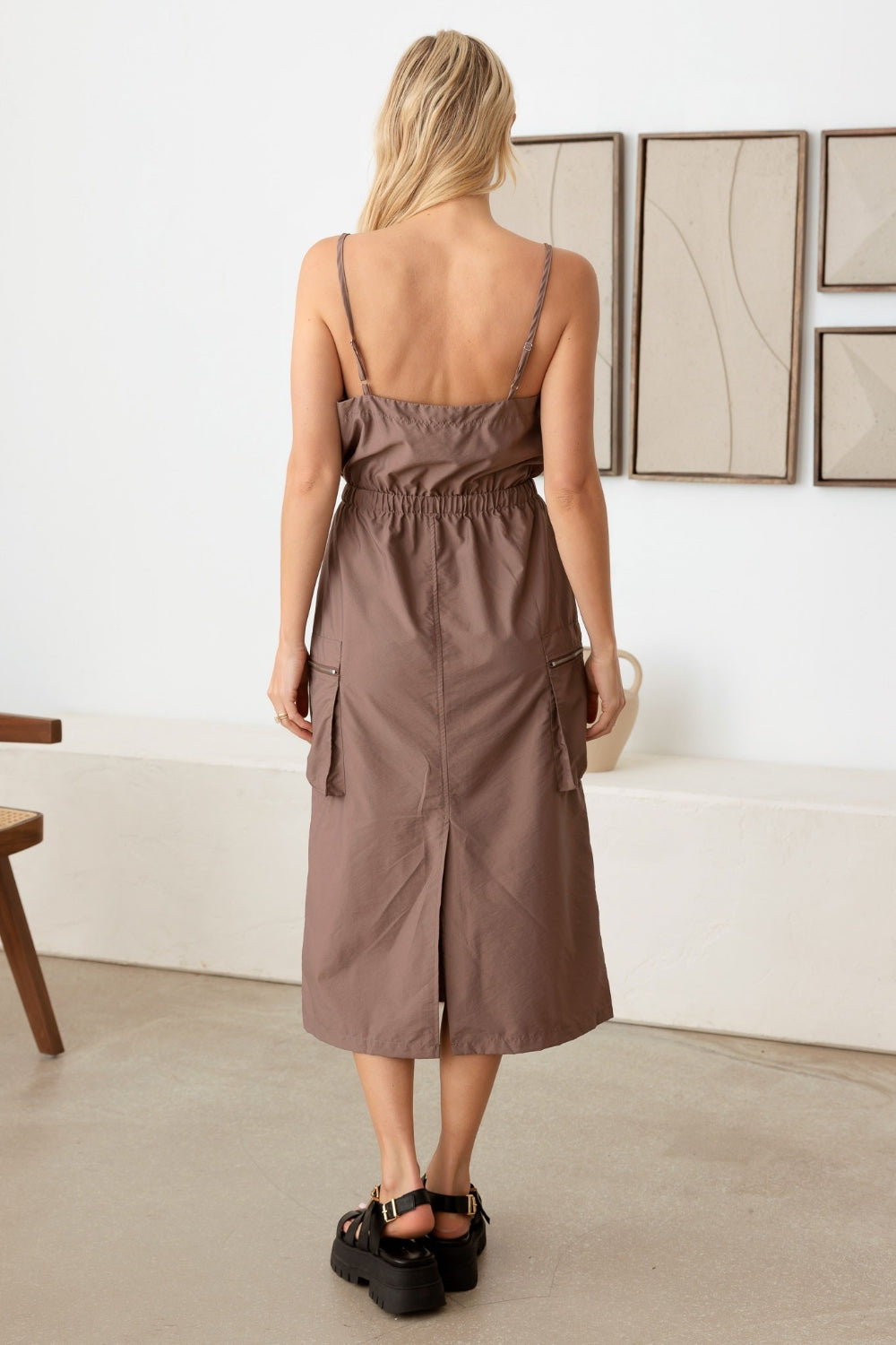 Adjustable Strap Waist Drawstring Cargo Mocha Midi Dress