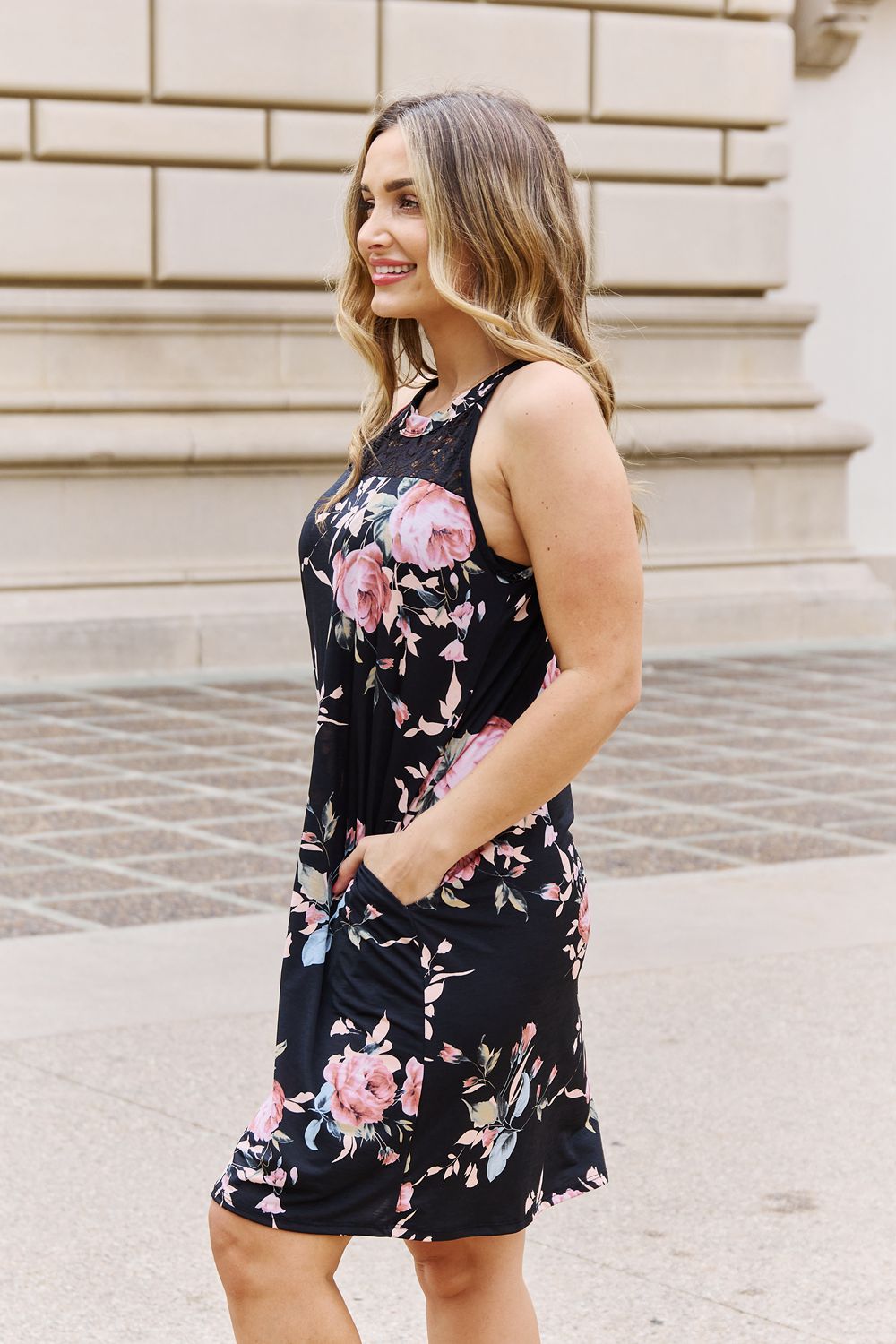 Black Floral Lace Detail Sleeveless Short Dress