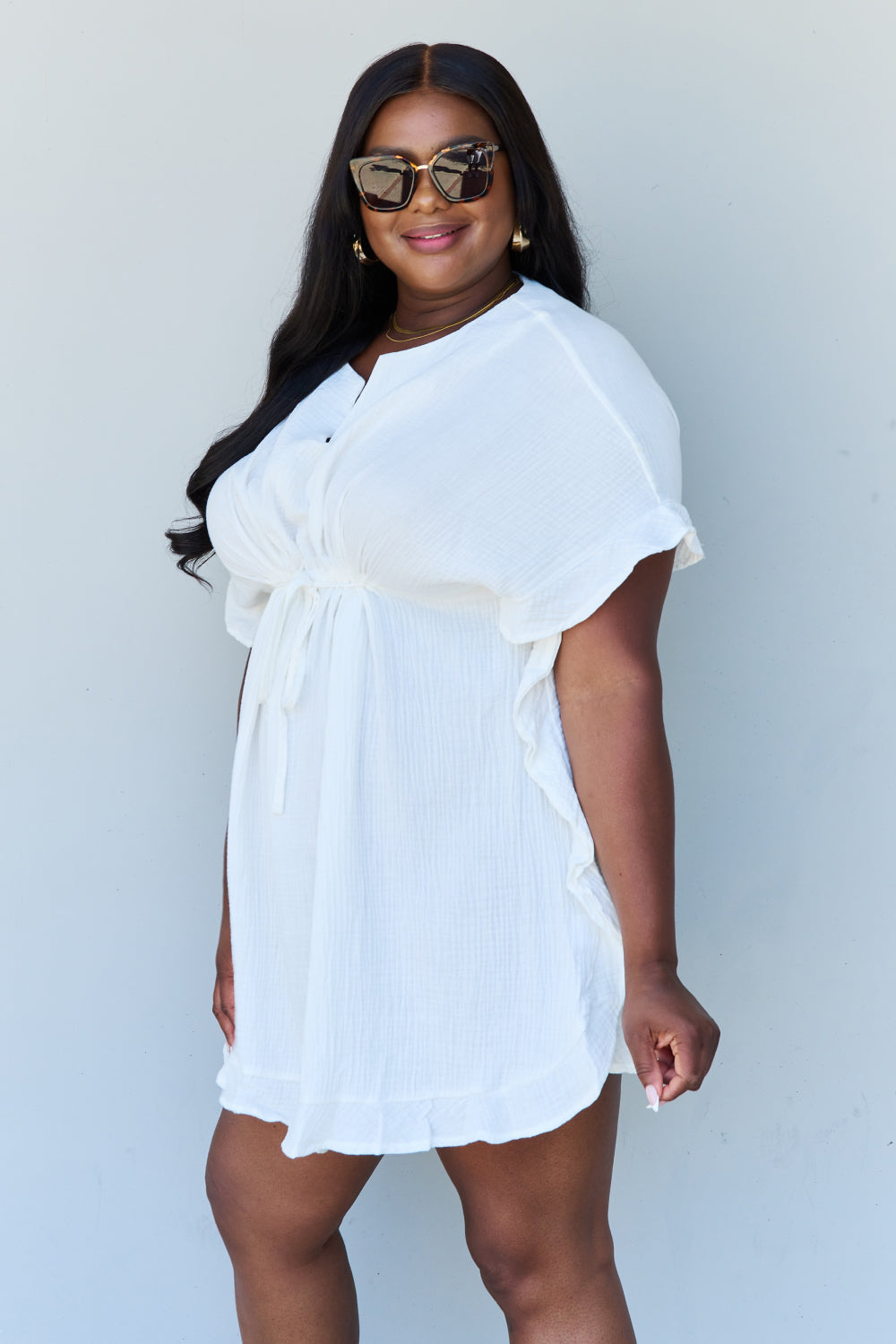 Full Size Ruffle Hem sHORT Dress with Drawstring Waistband in White