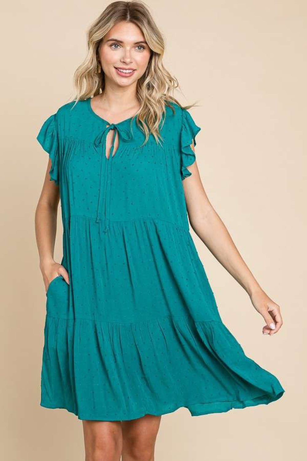 Ruffle Cap Sleeve Lotus Green Short Dress