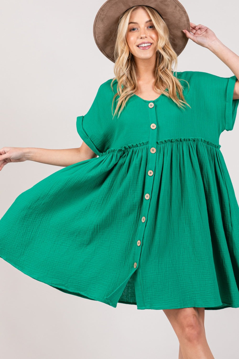 Kelly Green Button Up Short Sleeve Short Dress