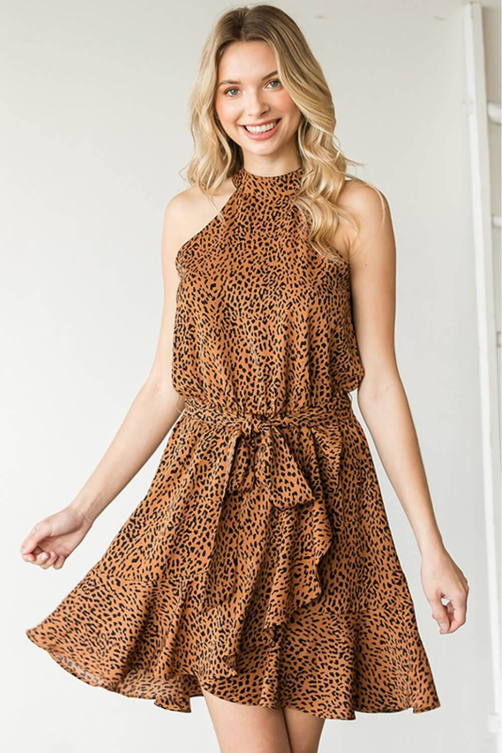 Full Size Leopard Belted Sleeveless Dress