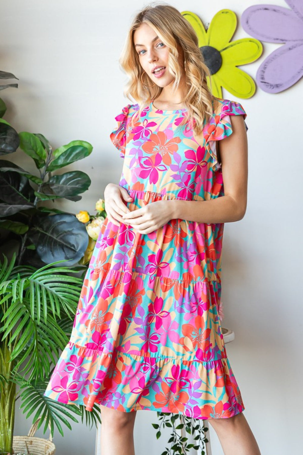 Floral Cap Sleeve Tiered Casual Dress