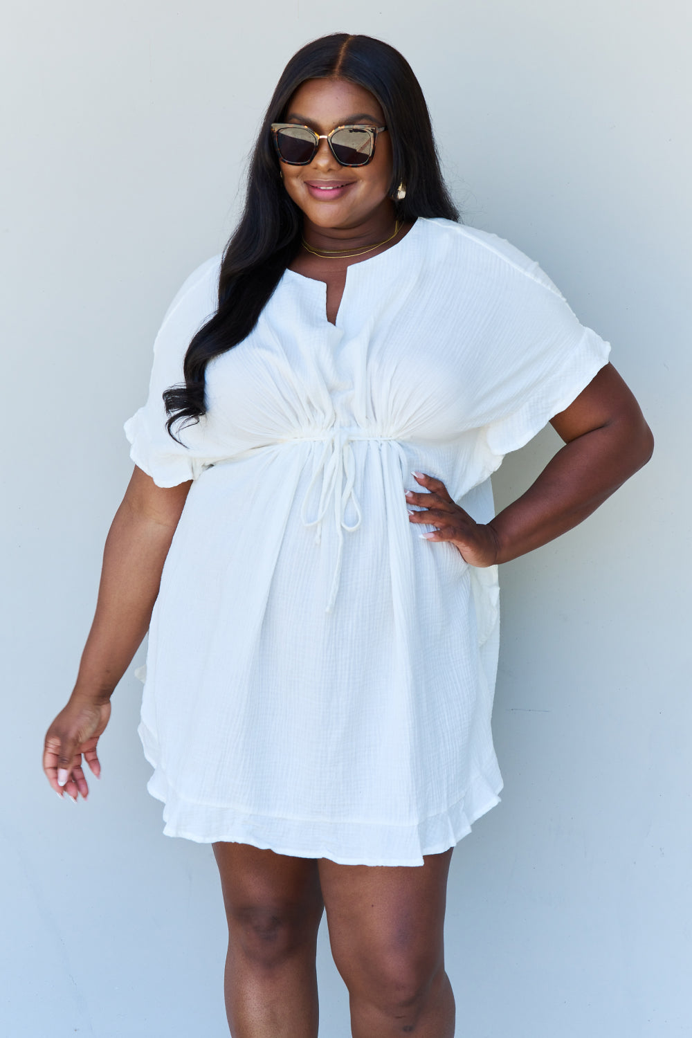 Full Size Ruffle Hem sHORT Dress with Drawstring Waistband in White