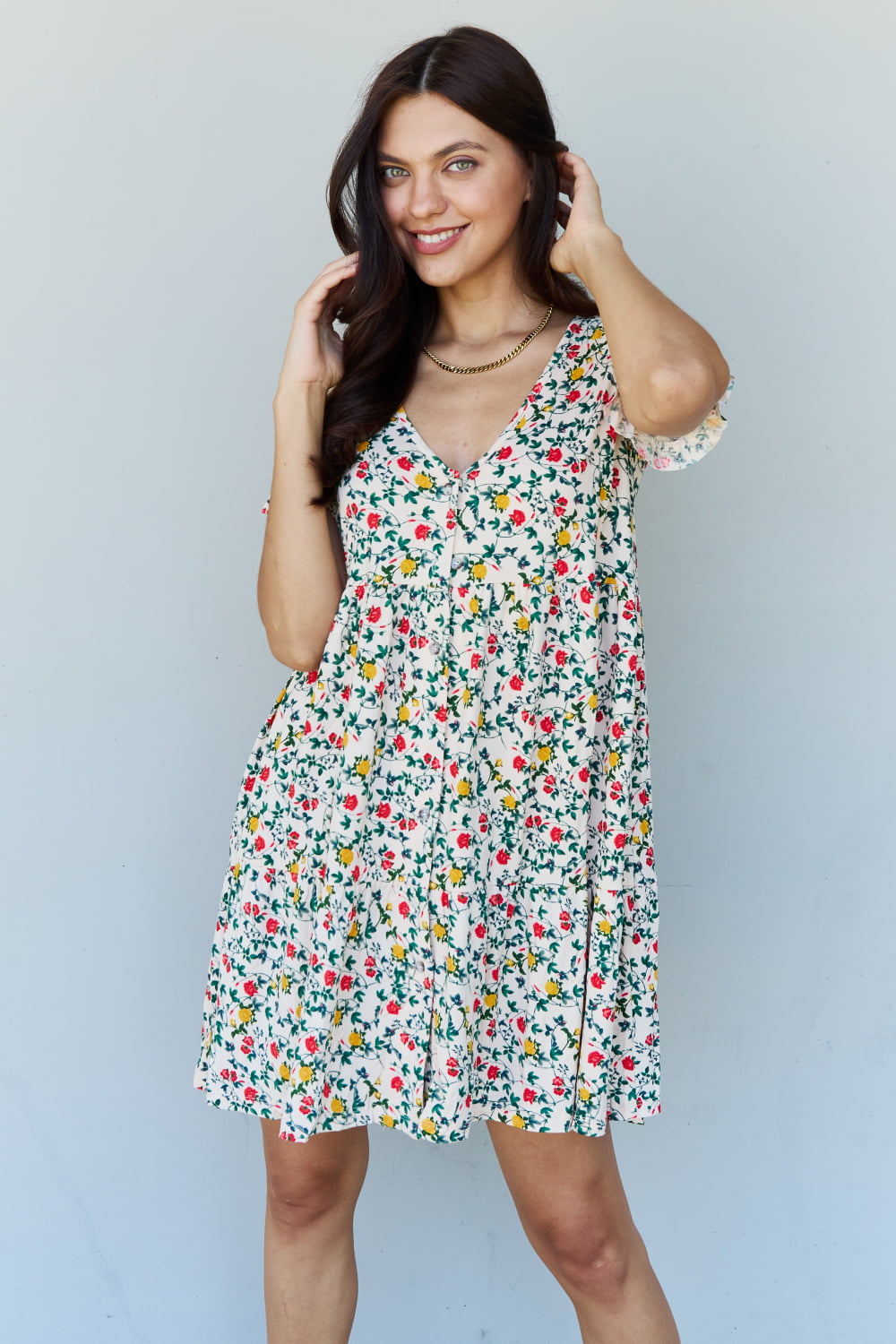 Full Size V-Neck Ruffle Sleeve Floral Short Dress