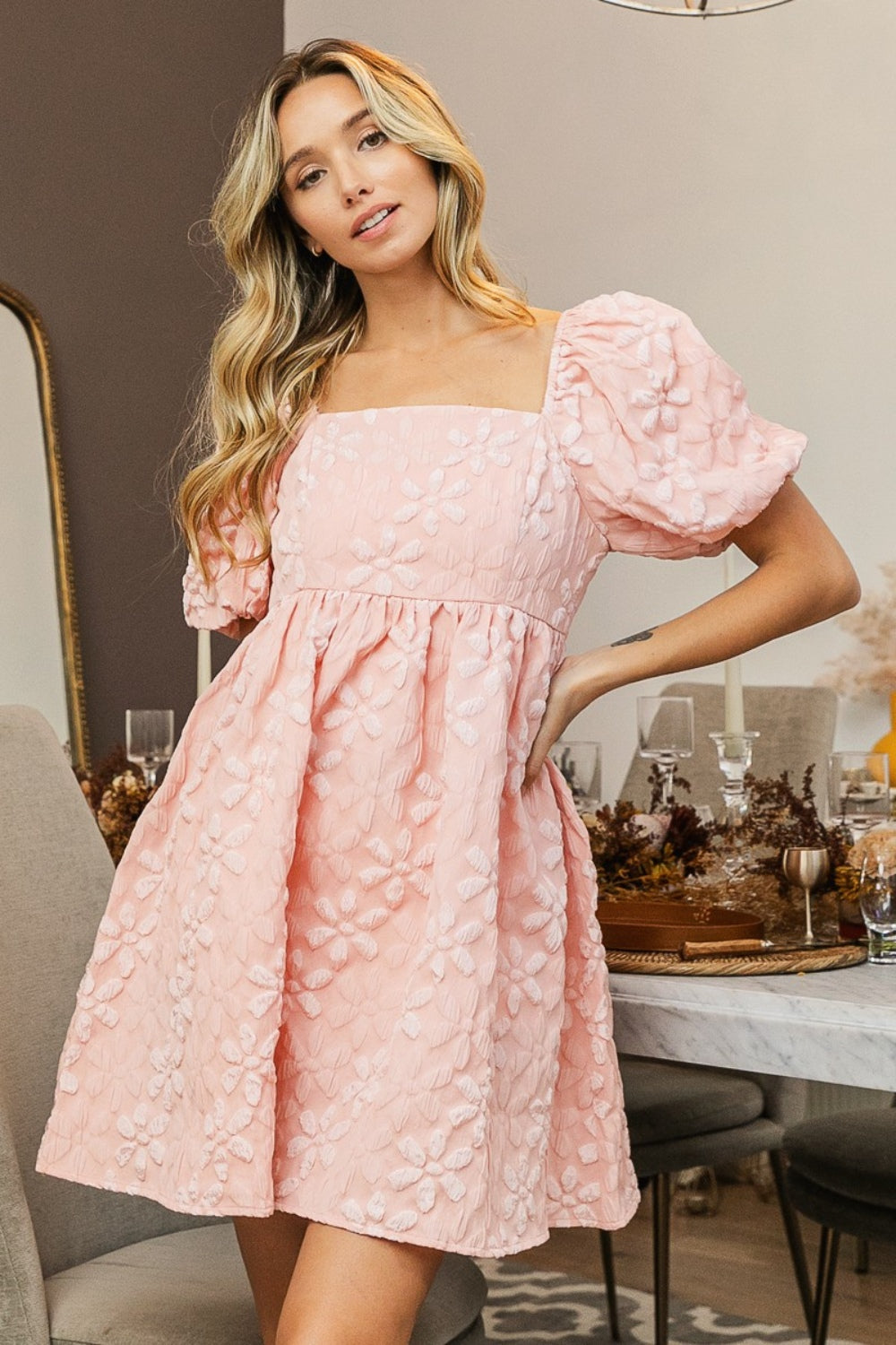 Flower Square Neck Puff Sleeve Short Dress