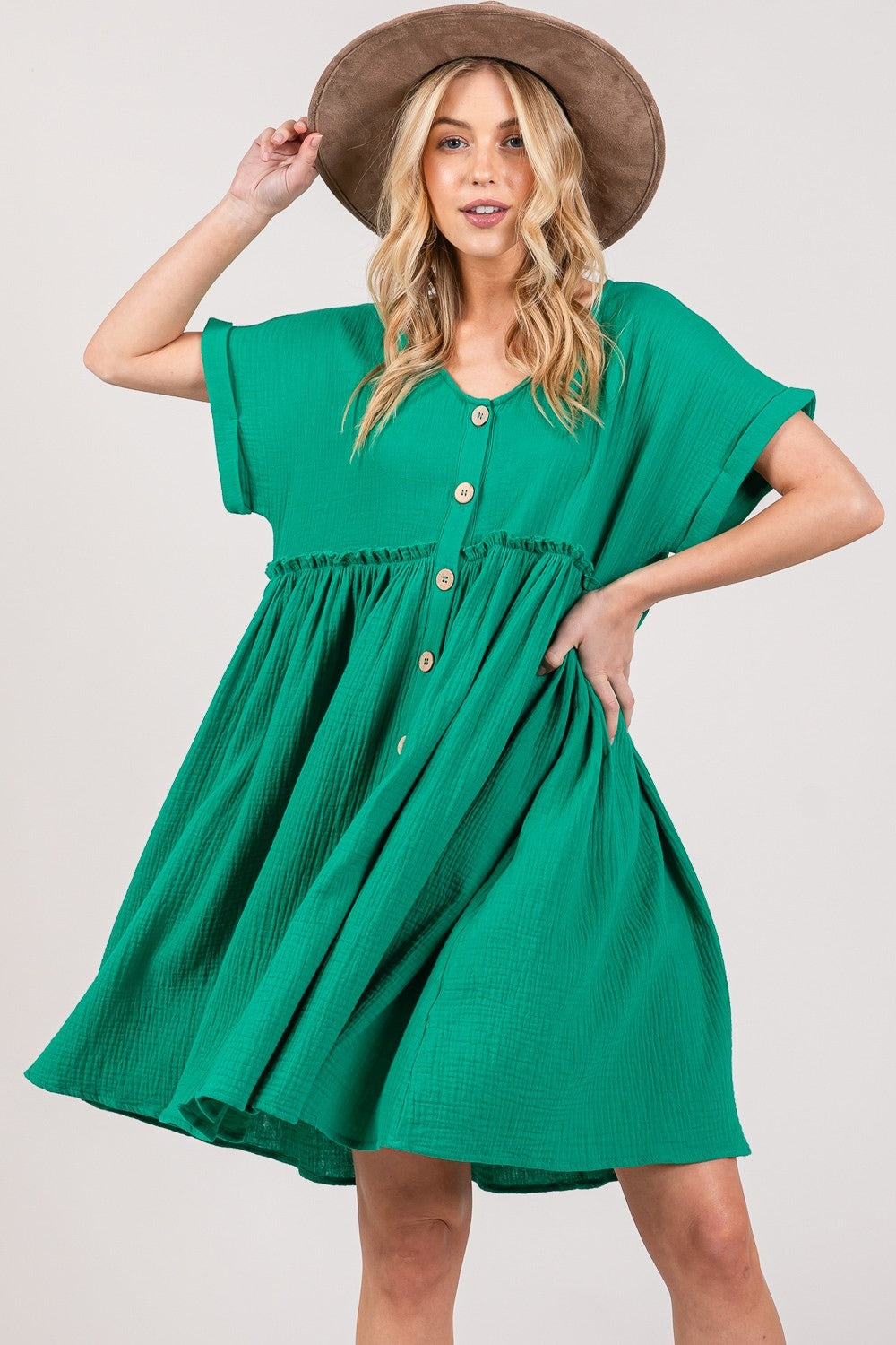 Kelly Green Button Up Short Sleeve Short Dress