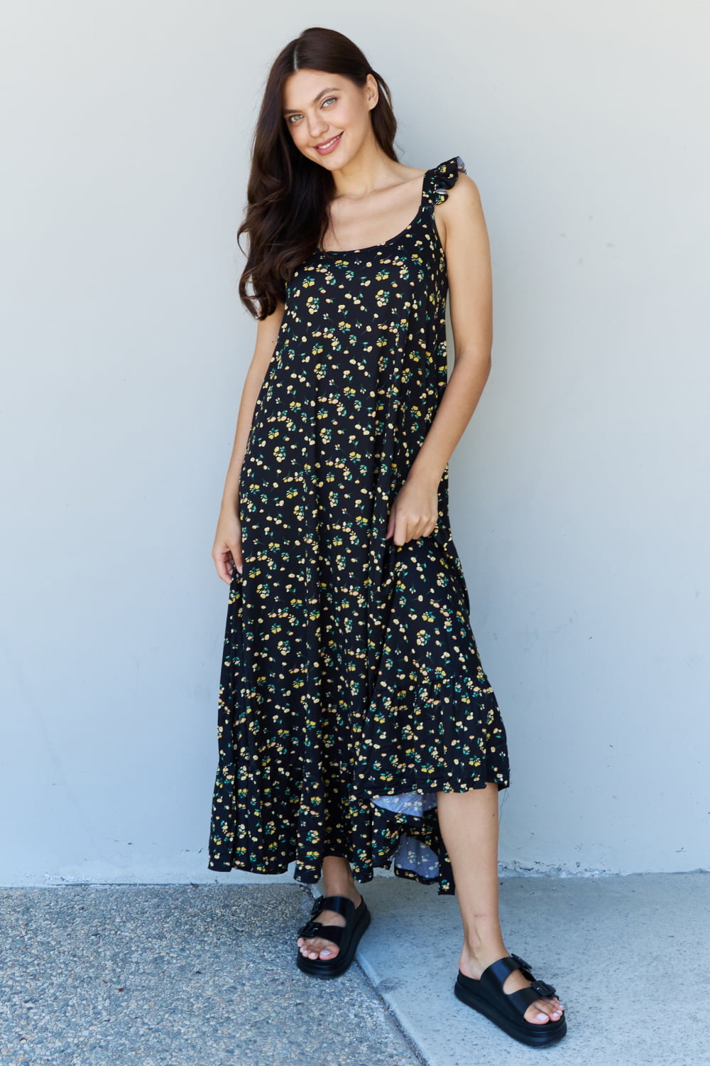 Ruffle Floral Maxi Dress in  Black Yellow Floral