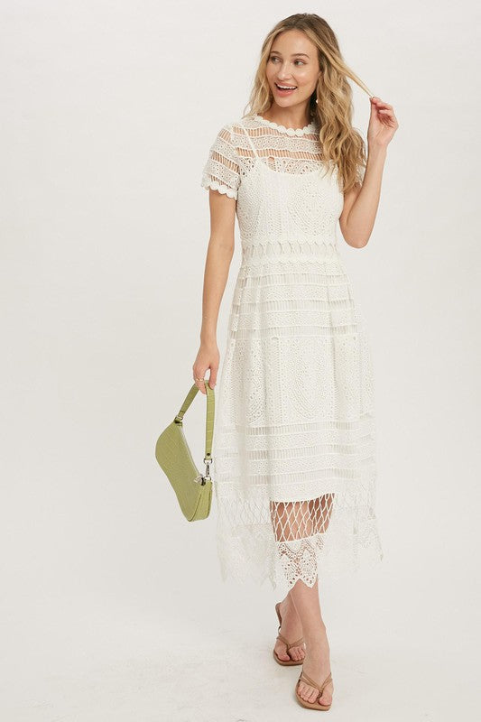 Crochet Dress Hight Neck Short Sleeves, Wedding Guest Dress