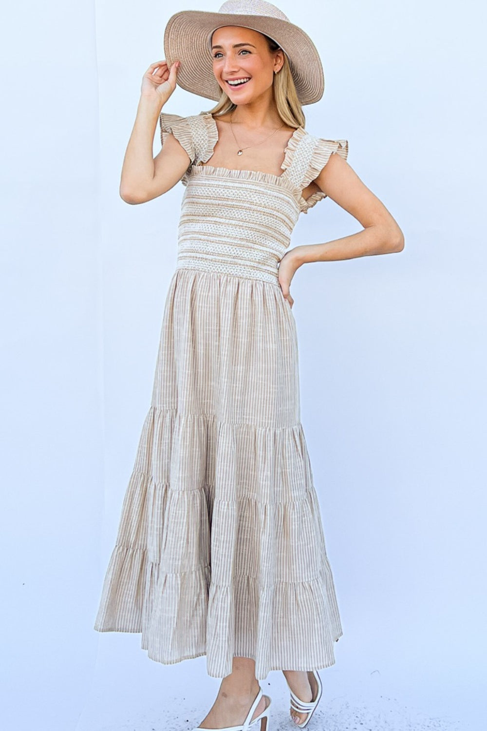 Linen Striped Ruffle Maxi Dress