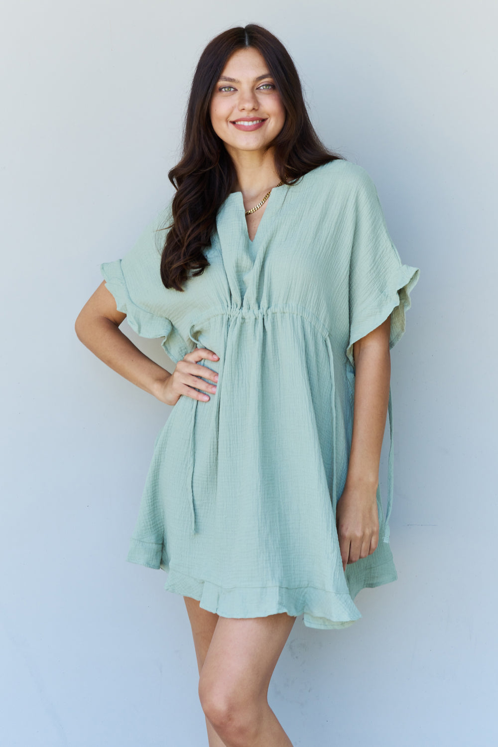 Ruffle Hem Short Dress with Drawstring Waistband in Light Sage