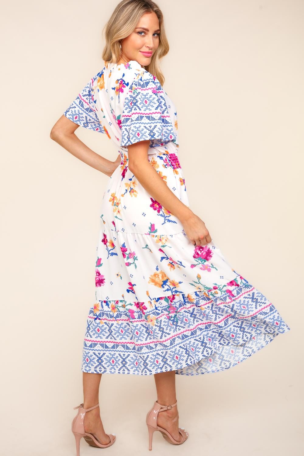 Printed Notched Sleeve Tiered Maxi Dress