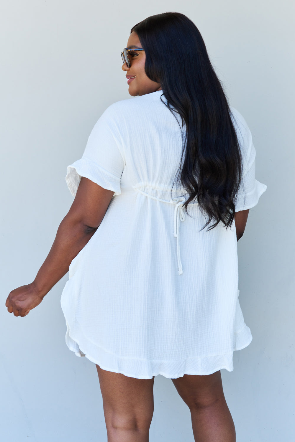 Full Size Ruffle Hem sHORT Dress with Drawstring Waistband in White