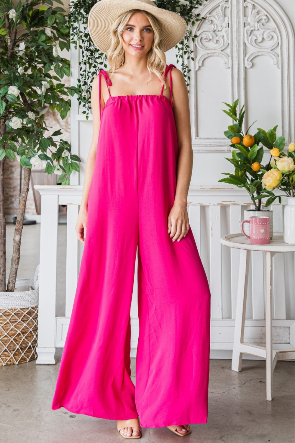 Pocketed Spaghetti Strap Wide Leg Jumpsuit