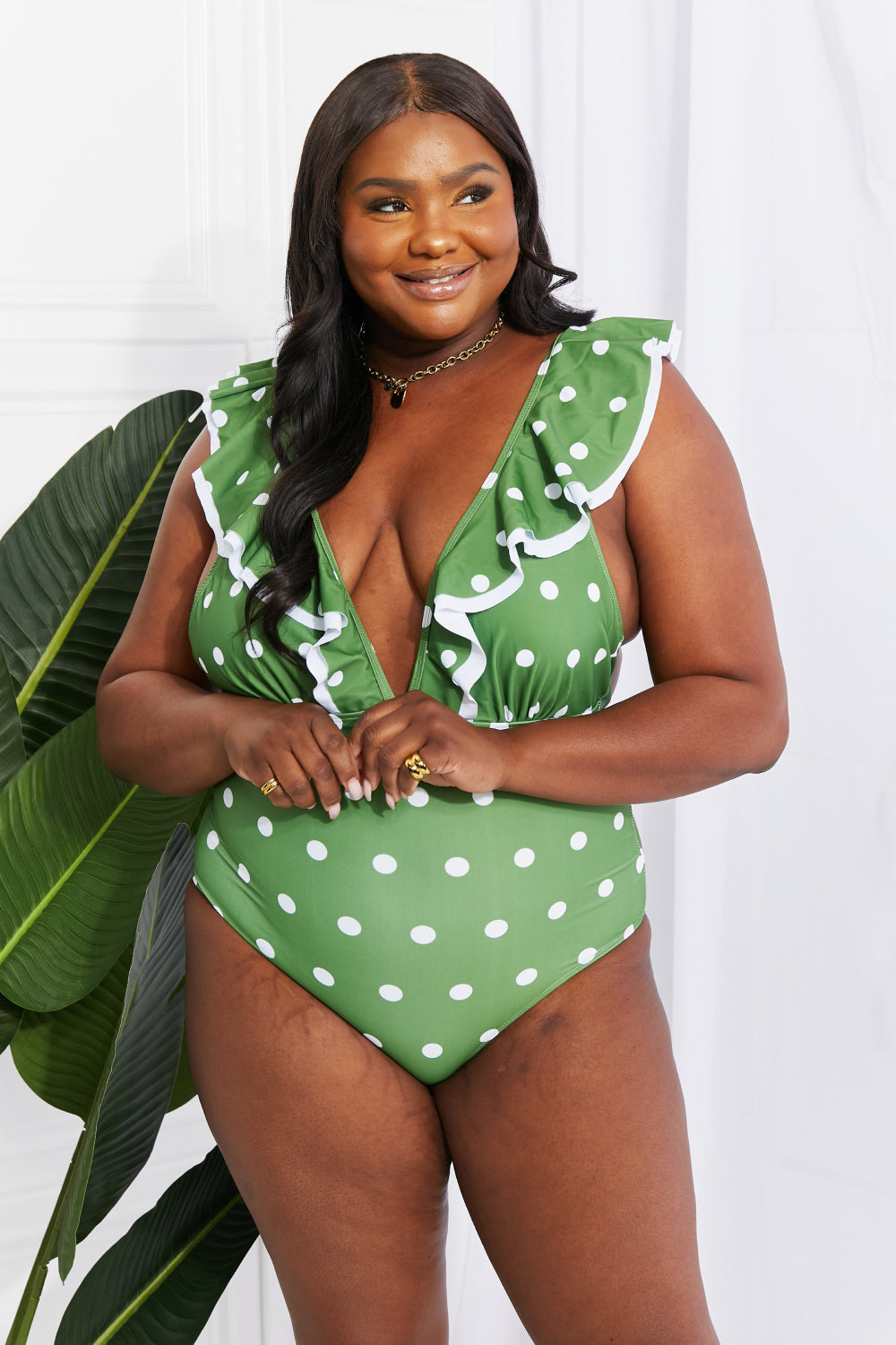 Swim Moonlit Dip Ruffle Plunge Swimsuit in Mid Green