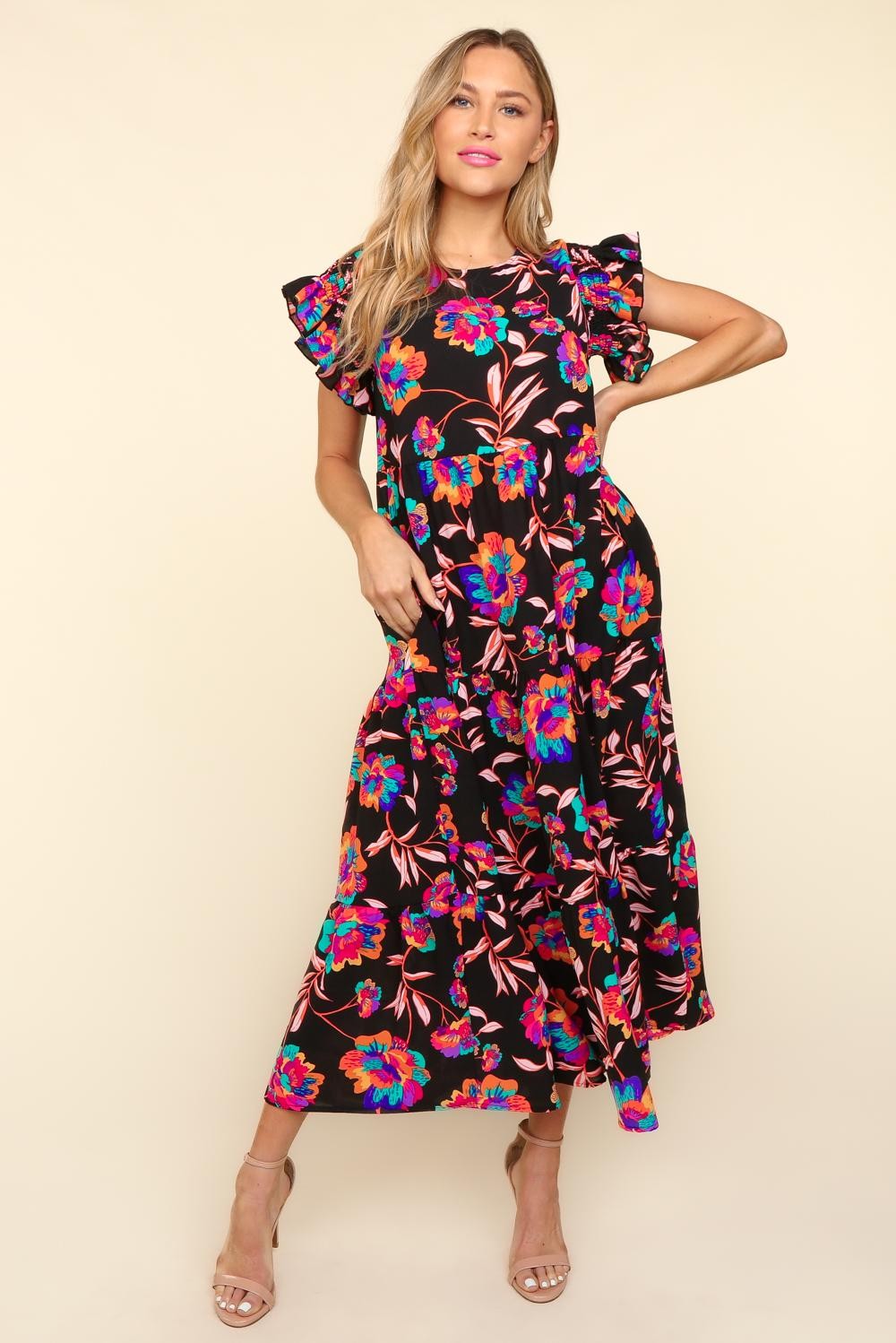 Ruffled Printed Round Neck Cap Sleeve Maxi Dress