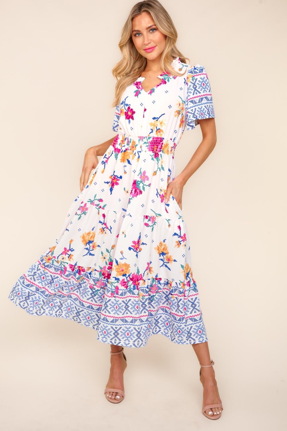 Printed Notched Sleeve Tiered Maxi Dress