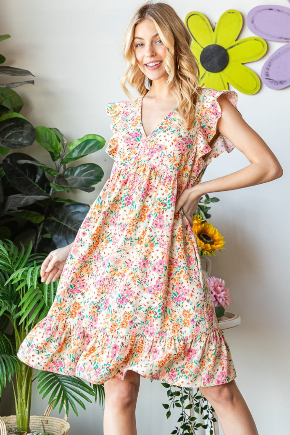 Full Size Floral Ruffled V-Neck Dress