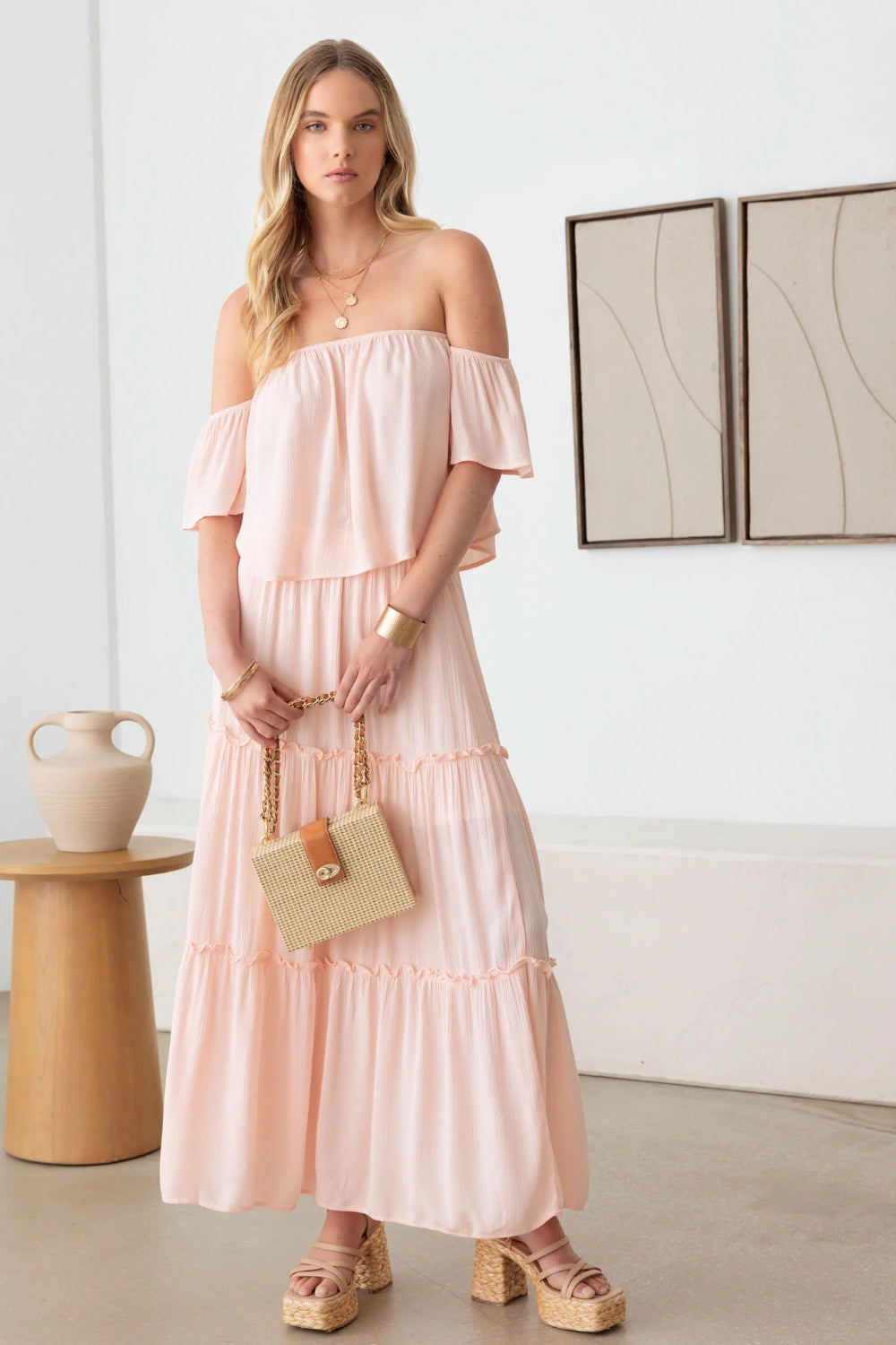 Frill Off-Shoulder Tiered Maxi Dress