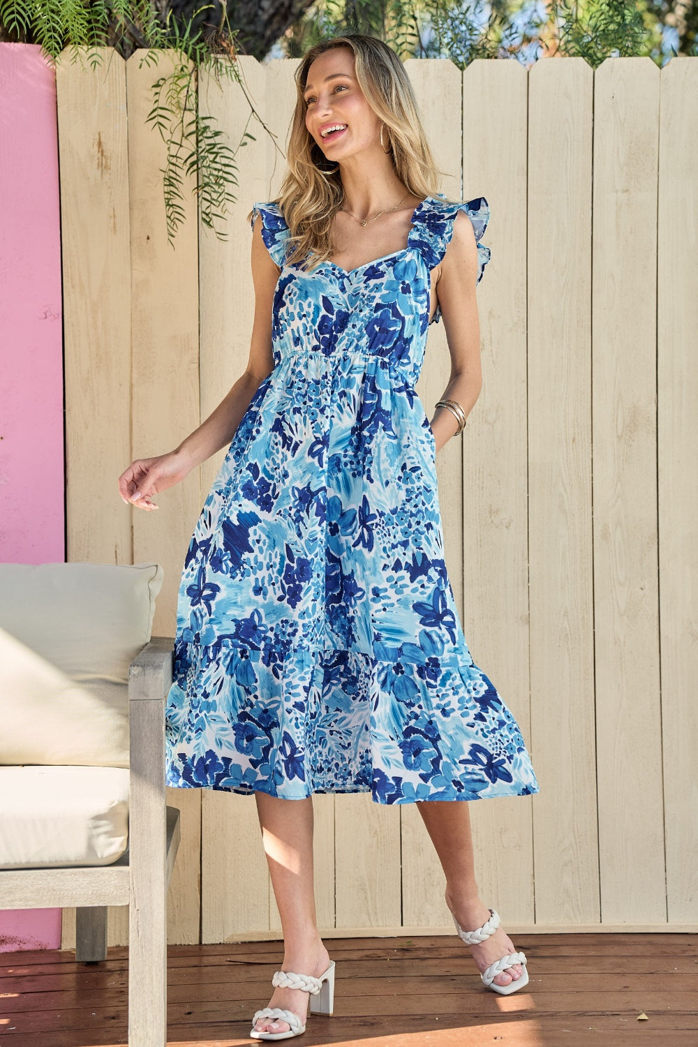 Full Size Floral Ruffled Sleeveless Midi Dress