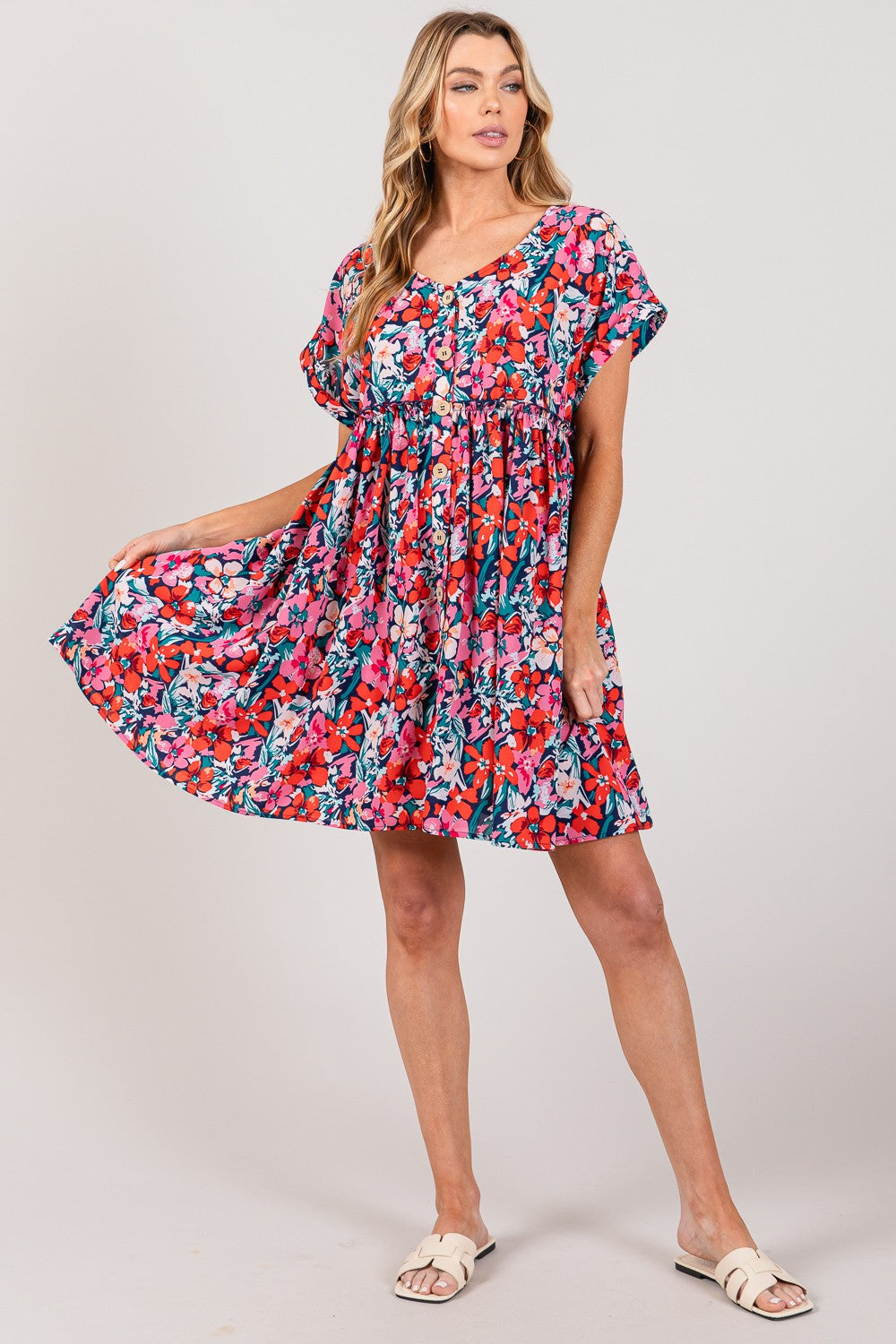 Floral Button Down Short Sleeve Short Dress