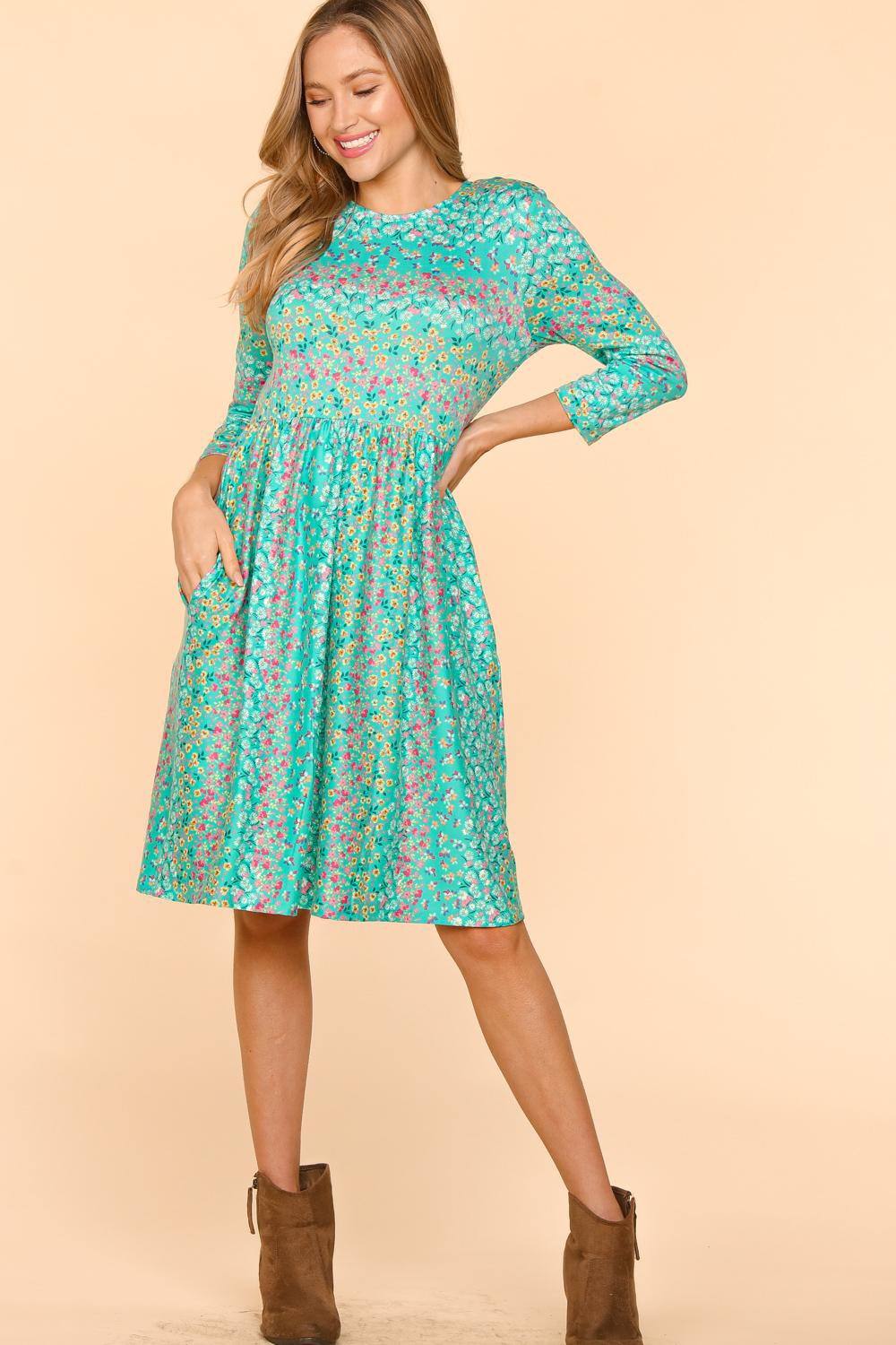 Round Neck Floral Mint Short Dress with Pockets