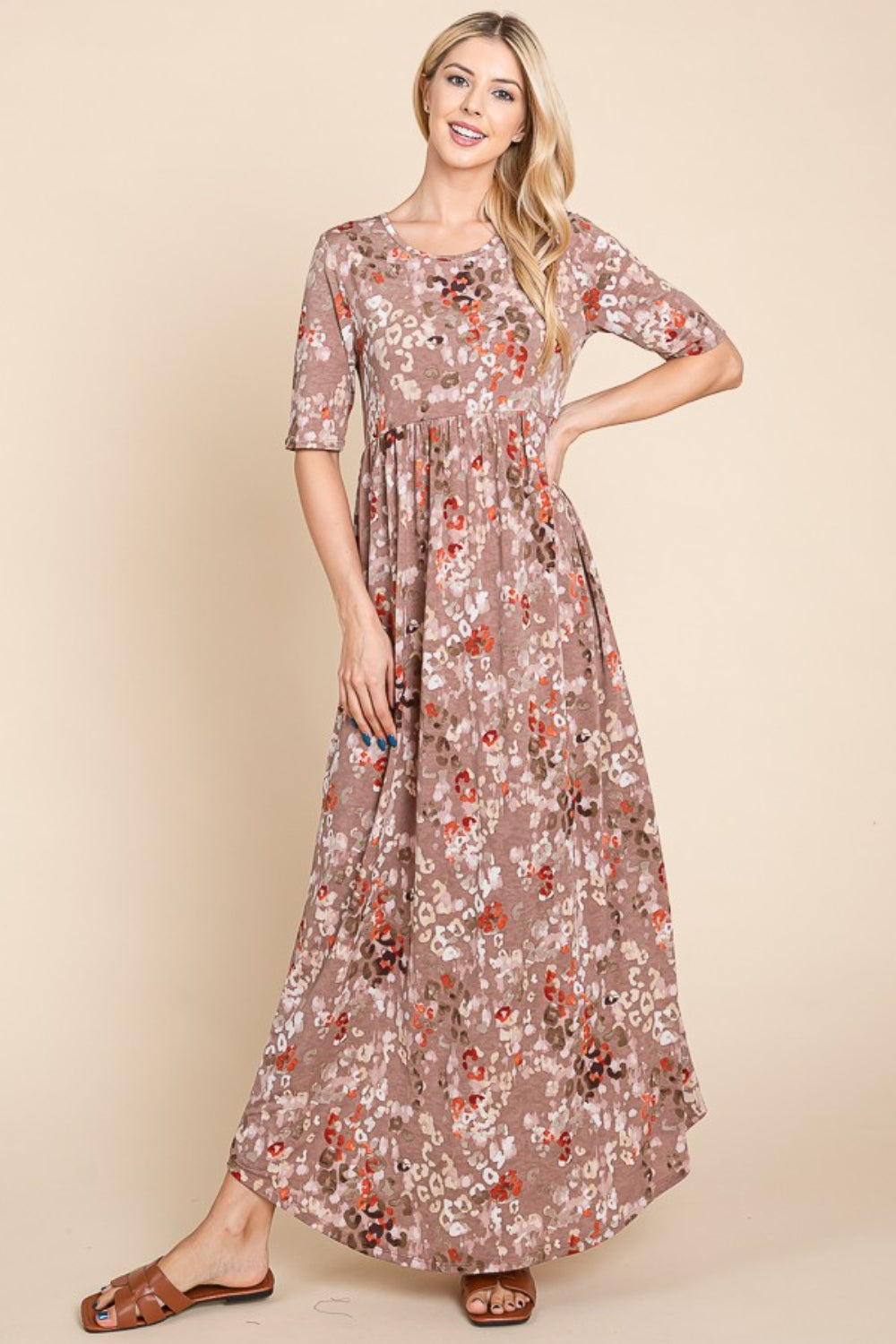 Printed Shirred Maxi Dress Mocha