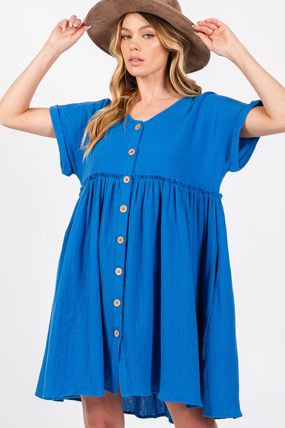 Button Up Short Sleeve Blue Short Dress