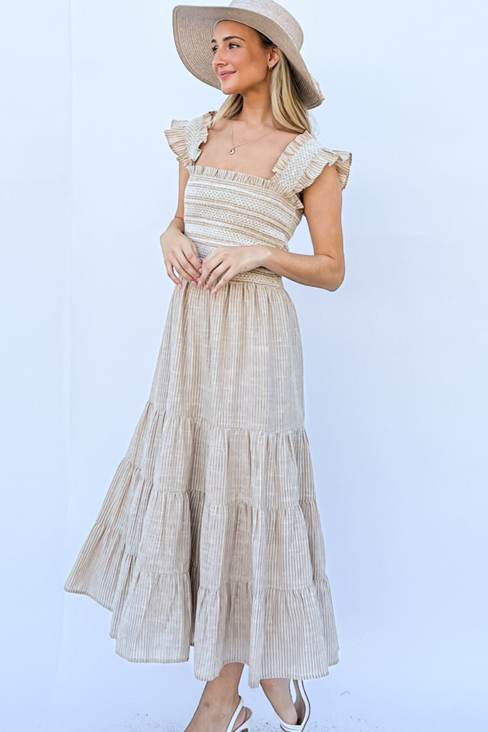 Linen Striped Ruffle Maxi Dress