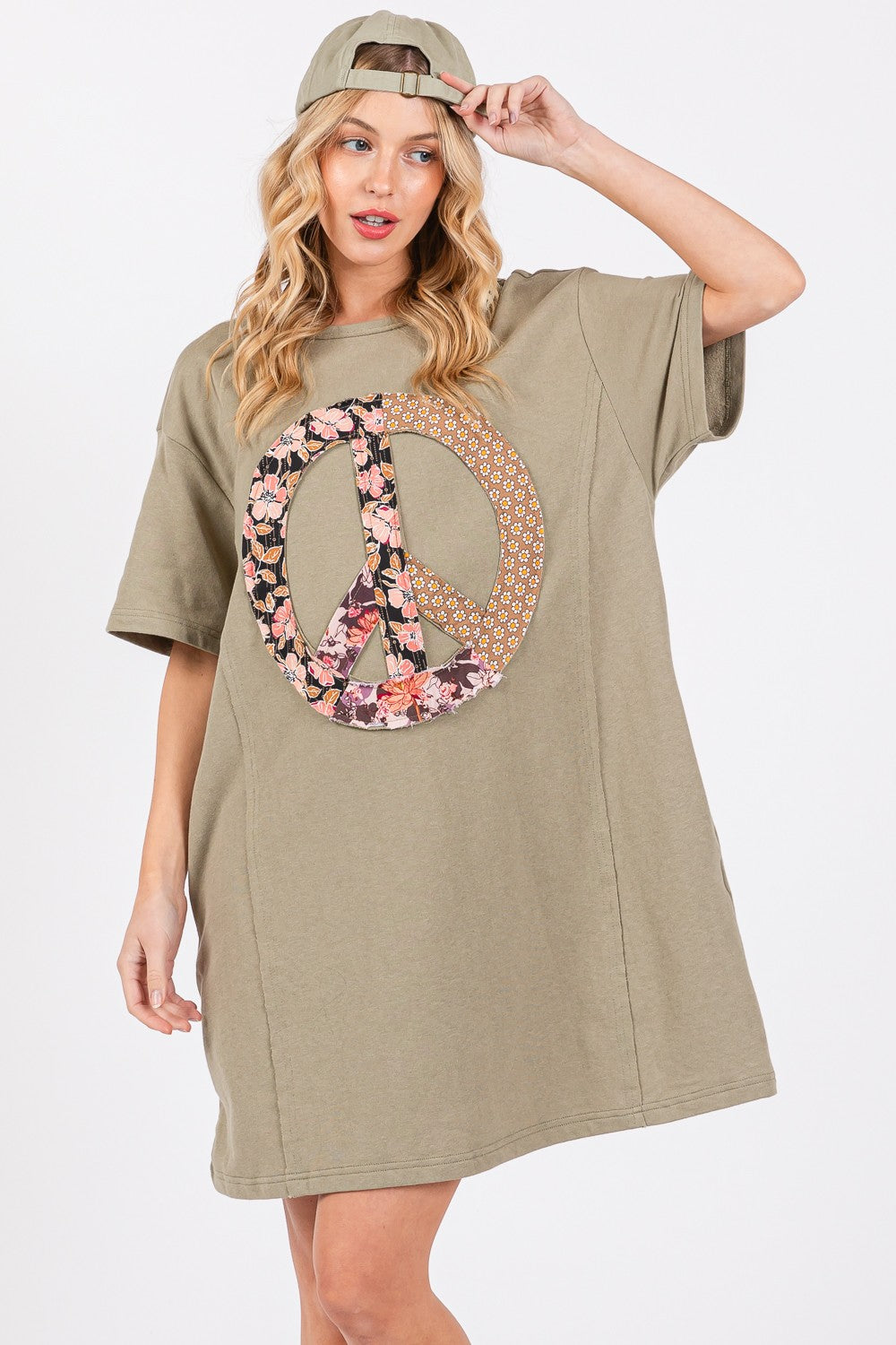 Full Size Peace Sign Applique Short Sleeve Tee Dress