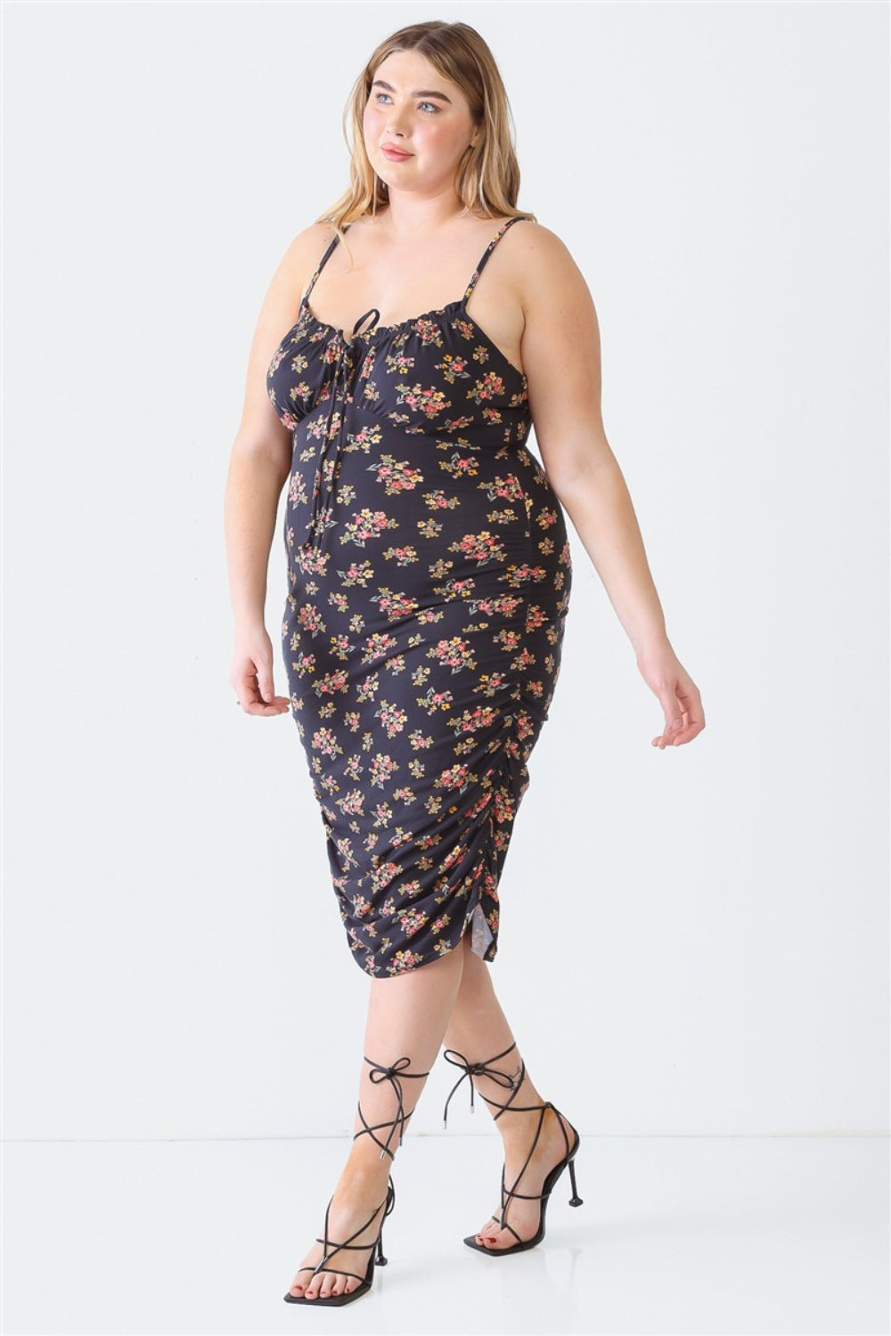 Blue Leopard Plus Size Ruched Floral Square Neck Midi Dress