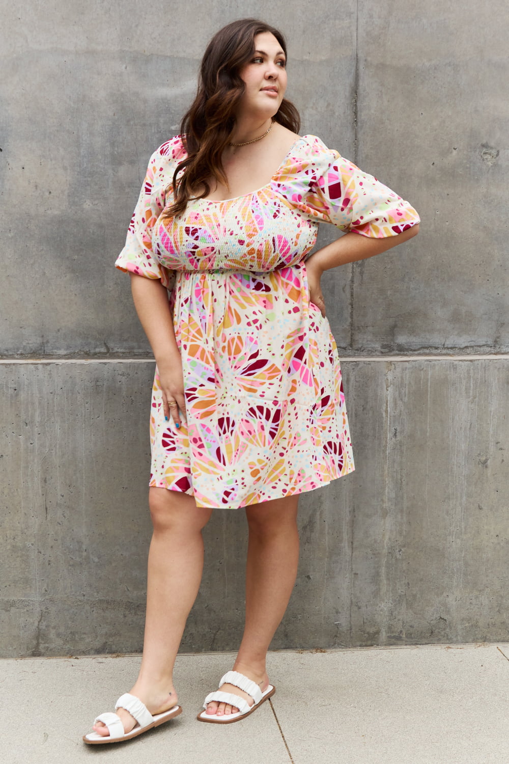 Full Size Natural Combo Floral Print Short Dress