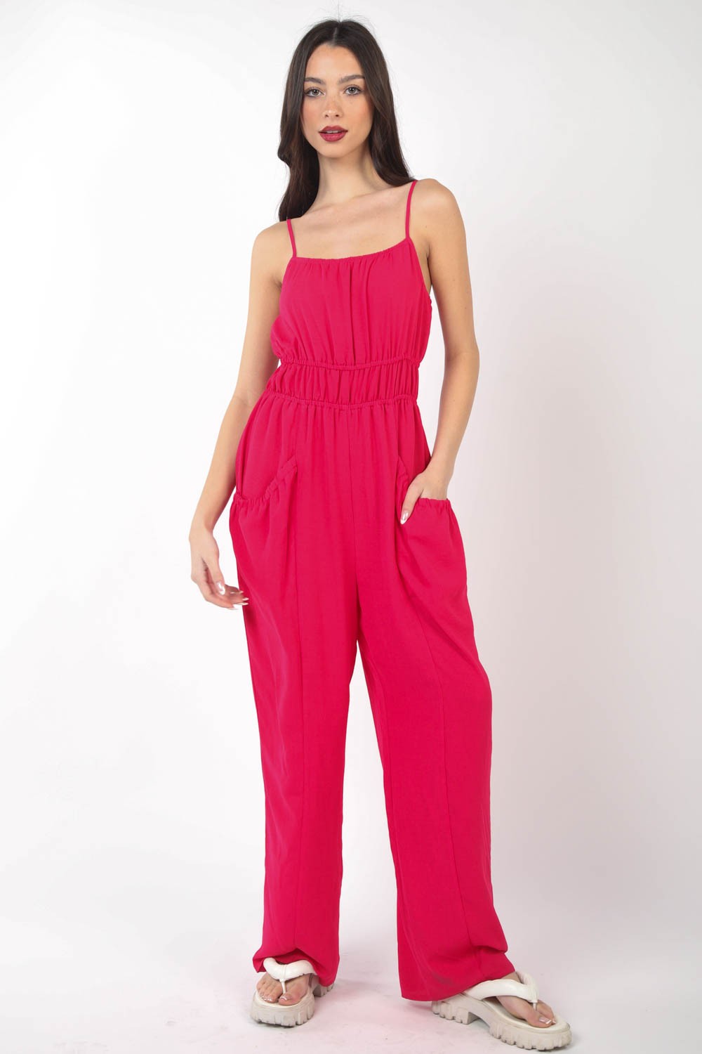 Pintuck Detail Woven Sleeveless Jumpsuit