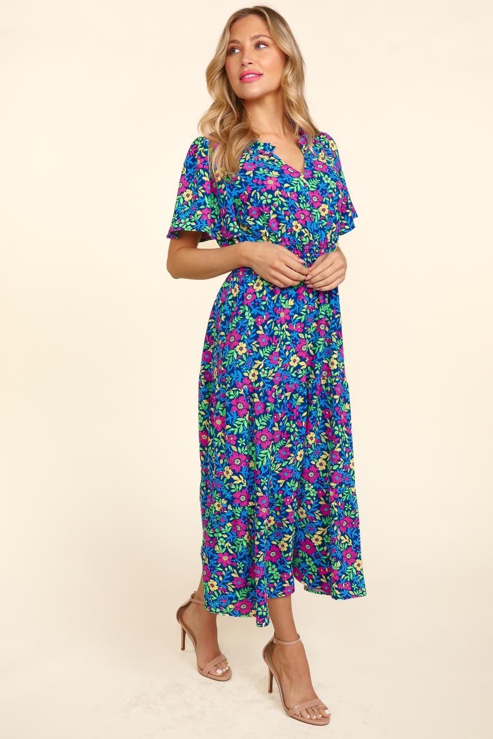 Printed Notched Short Sleeve Dress with Pockets