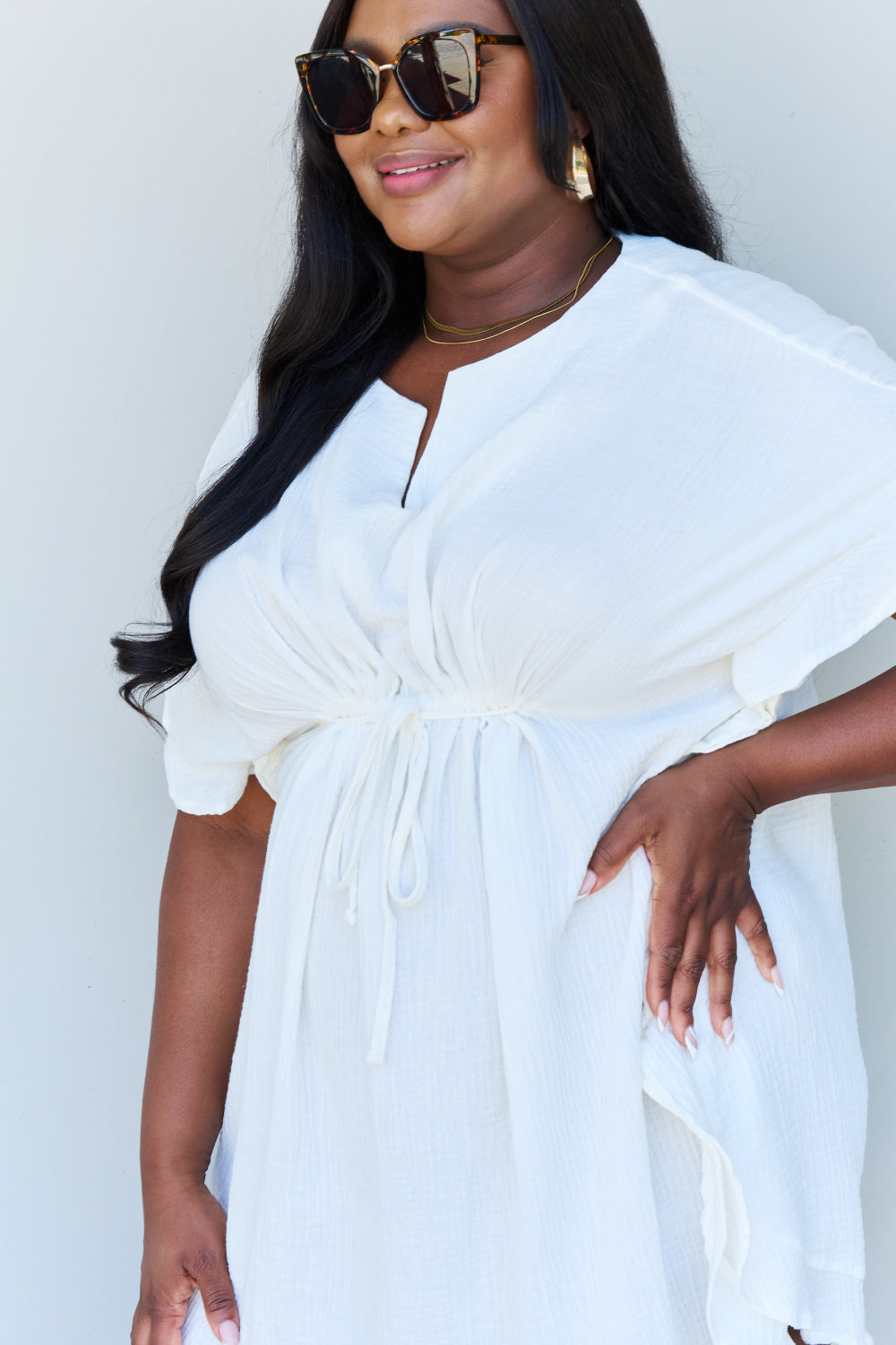 Full Size Ruffle Hem sHORT Dress with Drawstring Waistband in White