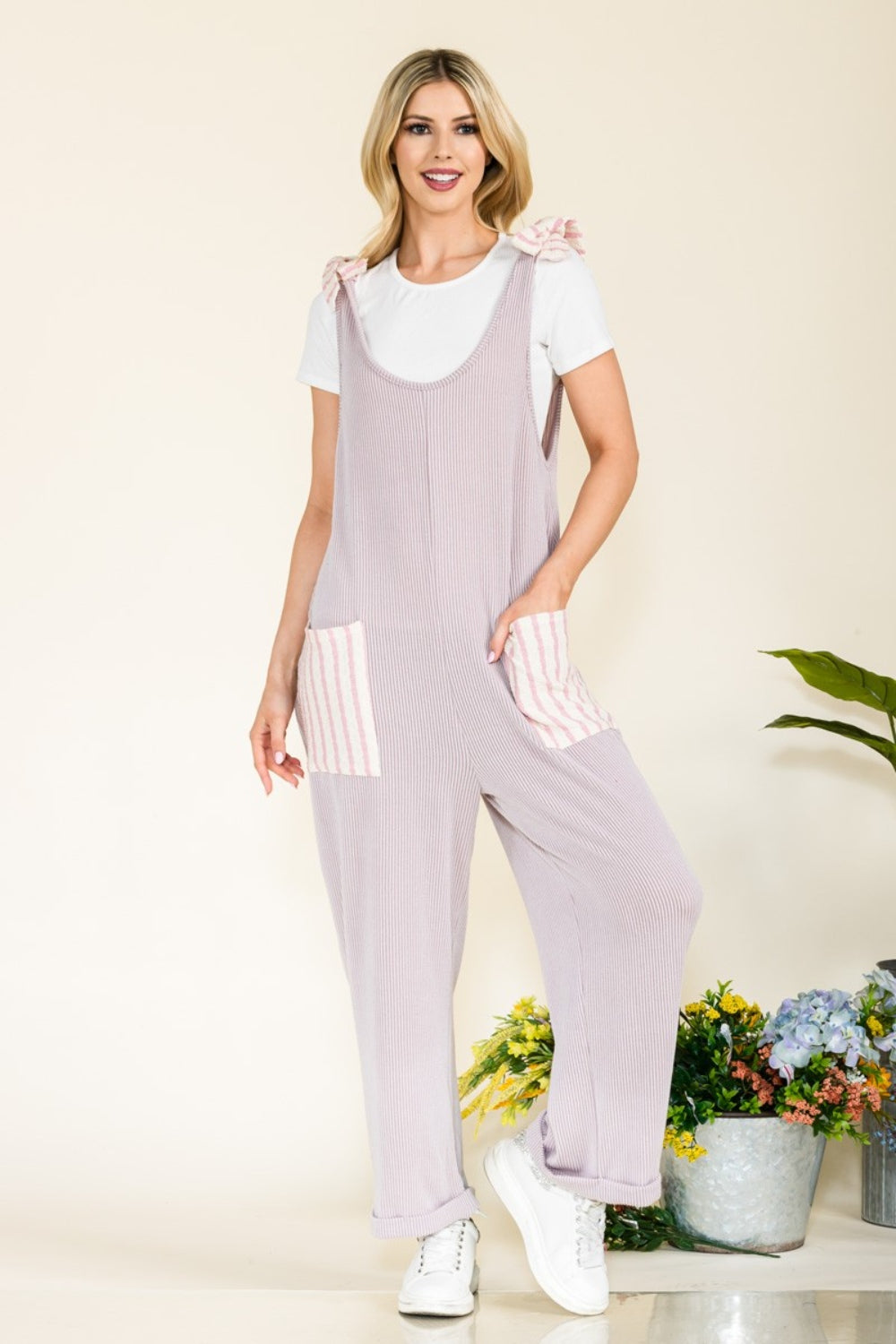 Full Size Stripe Contrast Pocket Rib Jumpsuit