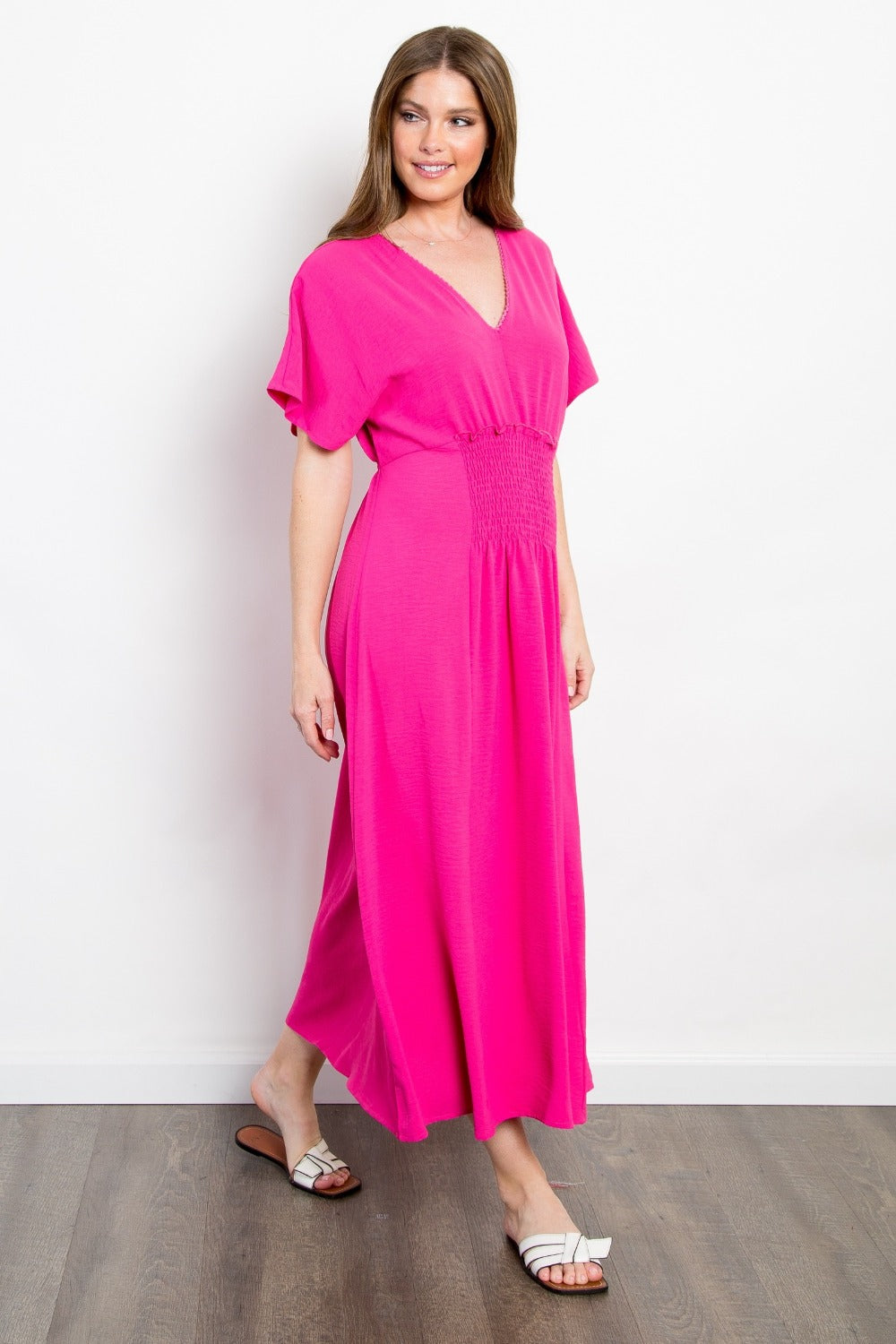 Full Size Shirred Front Short Sleeve Maxi Dress